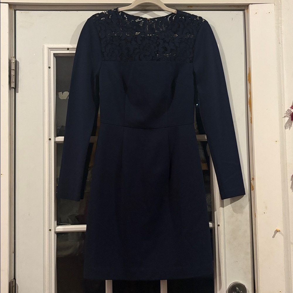 NWT Trina Turk Navy Blue Ponte Lace Trim Long Sleeve Dress 2 - Picture 4 of 10